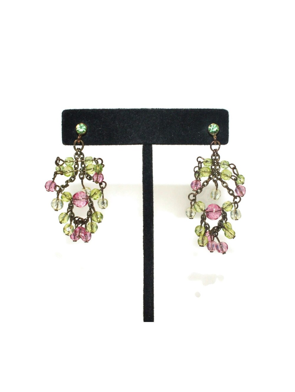 VTG Gold Tone, Pink and Green Rhinestone and Plastic Beads Chandelier Earrings.